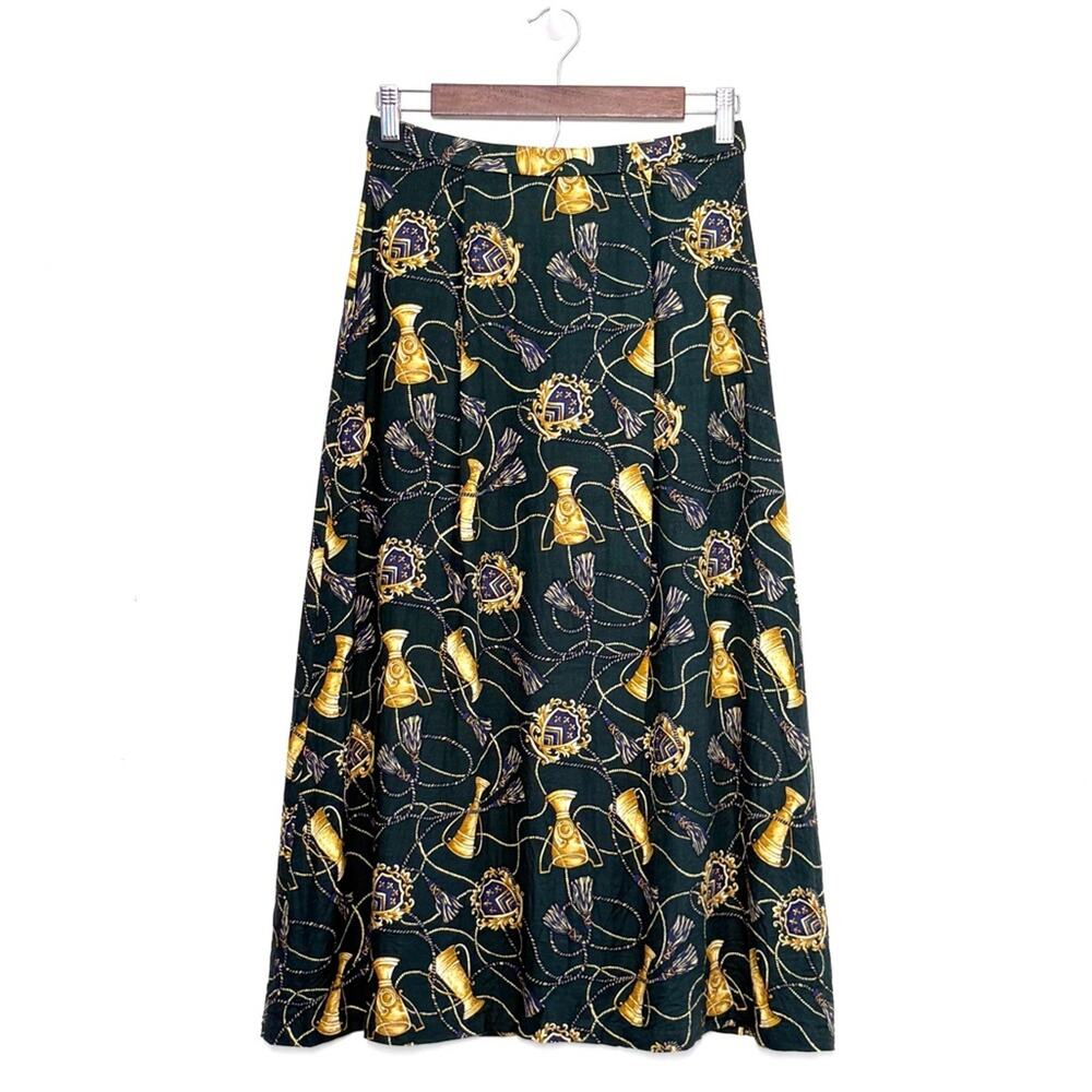 VTG Pendleton Equestrian Print Midi Skirt 8P Green Gold Trophy Scarf Rayon